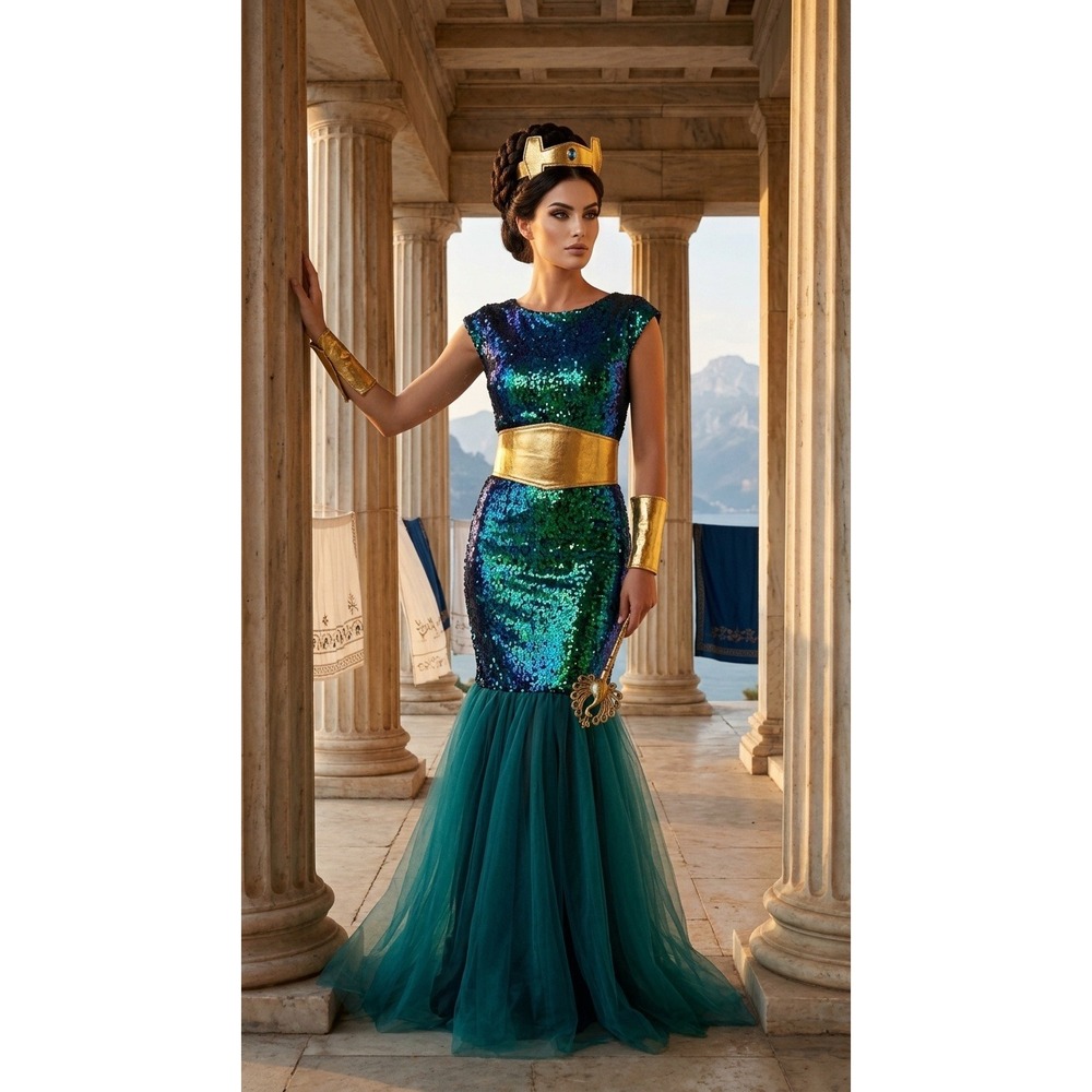 Mermaid Costume Set Womens L Green Blue Sequin Tulle Gold Accessories Handmade